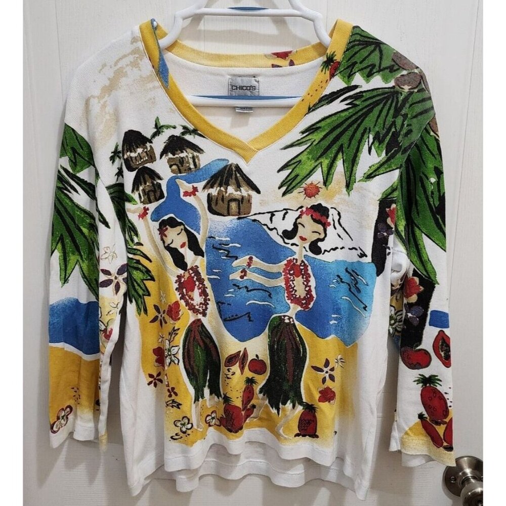 Chico's Women's 3/4 Sleeve V Neck T Shirt Top Size 2 (L) AOP Hula Girl Tropical